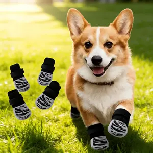 Non-Slip Dog Socks Breathable Cotton Zebra Patterned for Cold Floors Hot Pavement M L Sizes Comfortable Pet Accessories 4pcs Universal Fit Anti-Slip Sole with Reflective Strips dog shoes