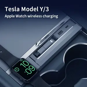 New 2024–2025 Tesla Model 3/Y Center Console Docking Station & Interior Accessory — Tesla USB Charging Hub featuring Retractable Fast-Charging Cables and Built-in Apple Watch Charger #SummerVibes