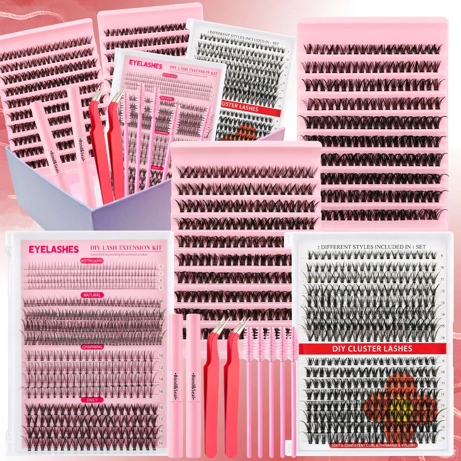1204pcs 4-In-1 False Eyelashes Set, Includes Glue, Tweezers, Lash Brush, Suitable For Beginners To DIY Different Eye Makeup, Easy To Use, Portable Segmented Lash Clusters Large Capacity Lashes Applicable For Daily/Manga/Classic/Cat Eye/Foxy Eye Eye Makeup