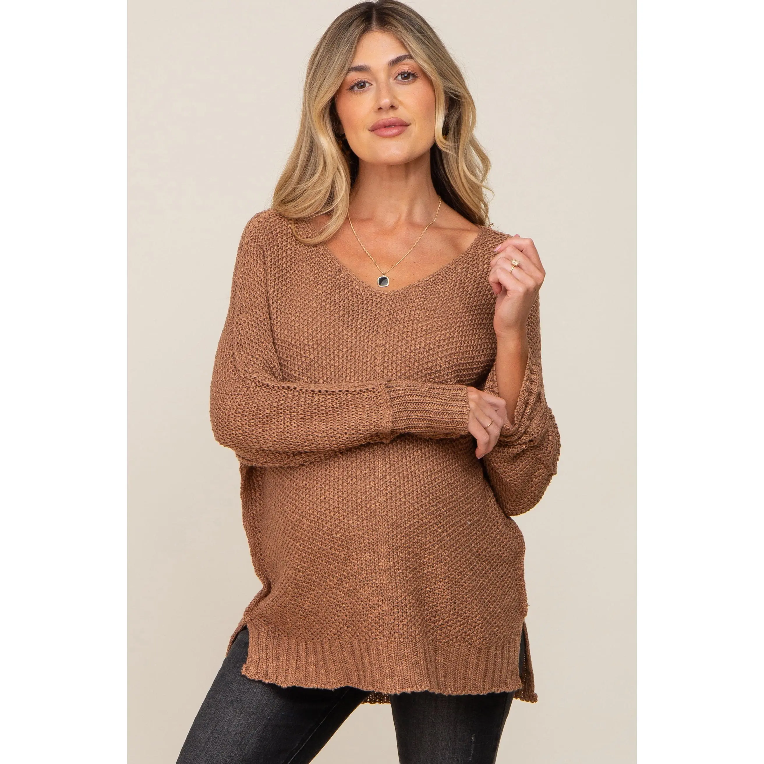 Mocha Chunky Knit Side Slit Maternity Sweater