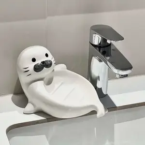 Cute white seal soap dish ceramic cartoon cute soap holder bathroom no-drill drainable soap tray soap holder