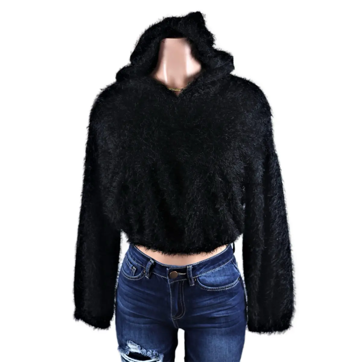 Fuzzy Hooded Crop Sweater Knitted Womenswear Balloon Knitwear