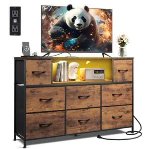 Black Dresser TV Stand for 50, 55, 65-in TVs, LED Entertainment Center with Charging Station, 8 Fabric Drawers, Open Shelves & Wood Top for Living Room, Hallway