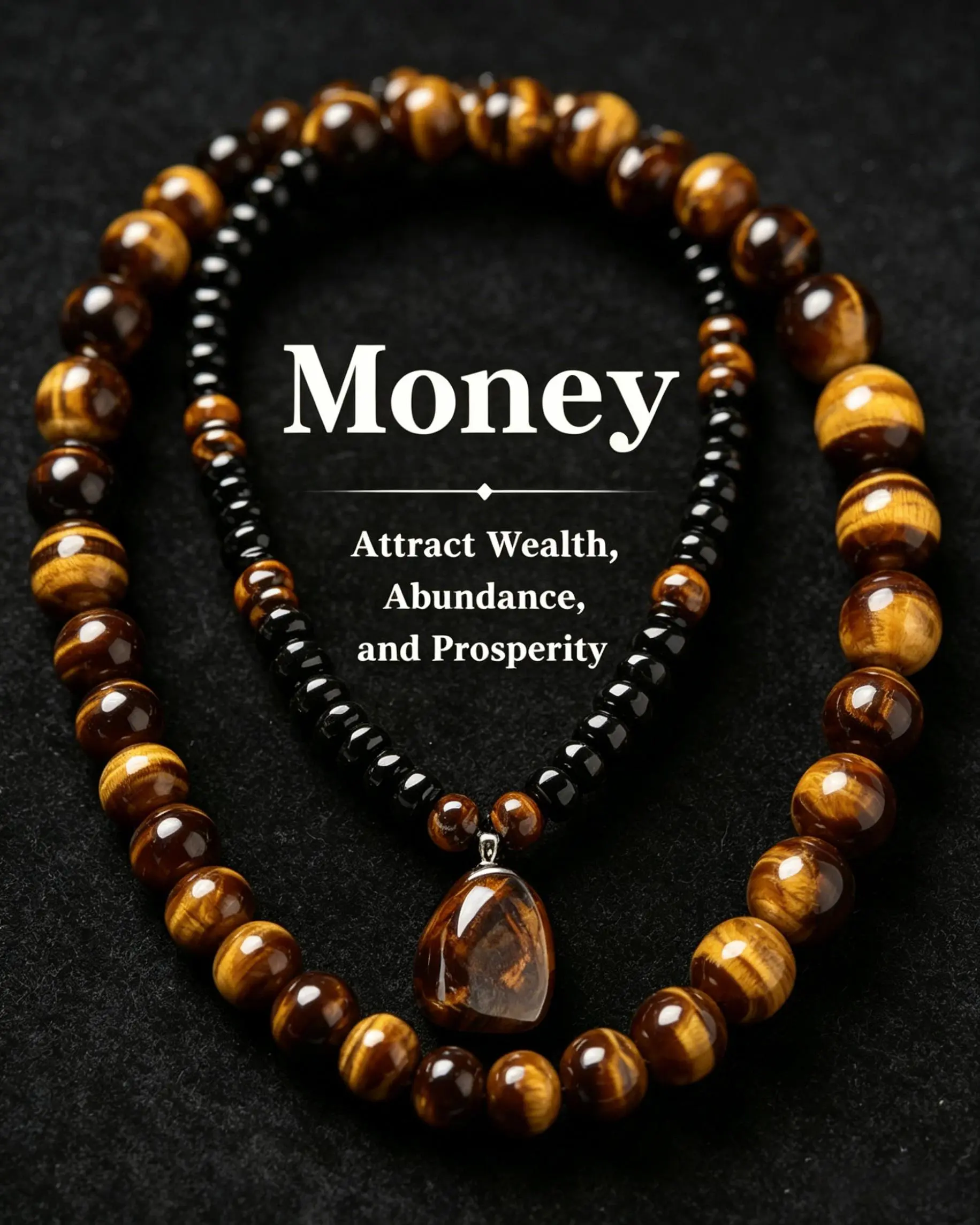 Unisex 2-Piece Spiritual Healing Crystal and Stone Mix Beaded Jewelry Set - Tiger Eye Pendant Necklace (23.62 inch), Matching Bracelet for Adults, Abundance Theme, Attracts Wealth Gift