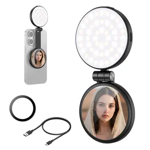 A magnetic circular LED selfie light with three adjustable brightness levels. It is rechargeable, foldable, comes with a phone stand and a mirror. Suitable for various mobile phones and ideal for lighting up during video blogs/live streaming.