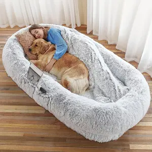 【Black Friday Deal】Human Dog Bed, 71''x45''x12'' Size Fits You and Pets, Washable Faux Fur Dog Bed for People Doze Off, Napping Orthopedic Dog Bed, Present Plump Pillow, Blanket, Strap - Grey