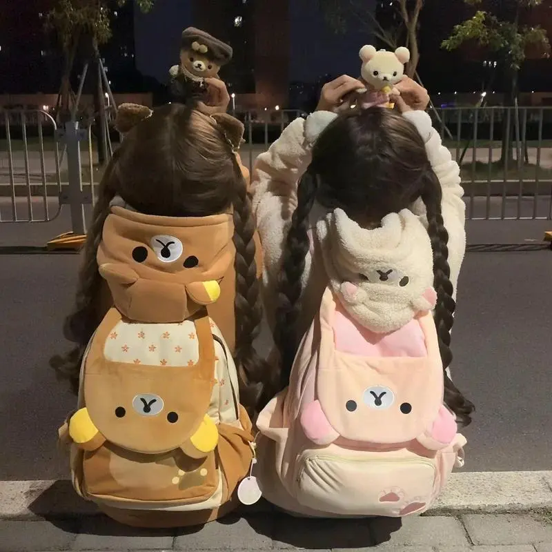 Cute Japanese Rilakkuma Plush Doll Clamshell Backpack Large Capacity School Bag Storage Bag Anime Jk Couple Backpack Gift