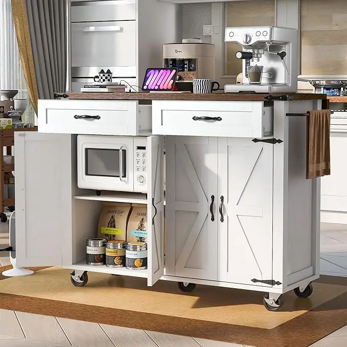 54" Kitchen Island with Drop Leaf & Power Outlet - Large Rolling Cart with Trash Cabinet, 2 Sliding Barn Doors, 3 Drawers