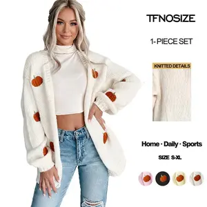 TFNOSIZE Halloween Solid Color Pumpkin Embroidered 3D Knit Cardigan Sweater Women's Winter Streetwear Long Sleeve Jacket with Knitwear