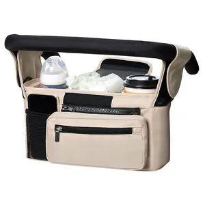 Baby Stroller Storage Bag Diaper Bottle Organizer, Traveling Stroller Gear, Multi-Functional Large Capacity Mommy Hanging Bag Water Cup Holder