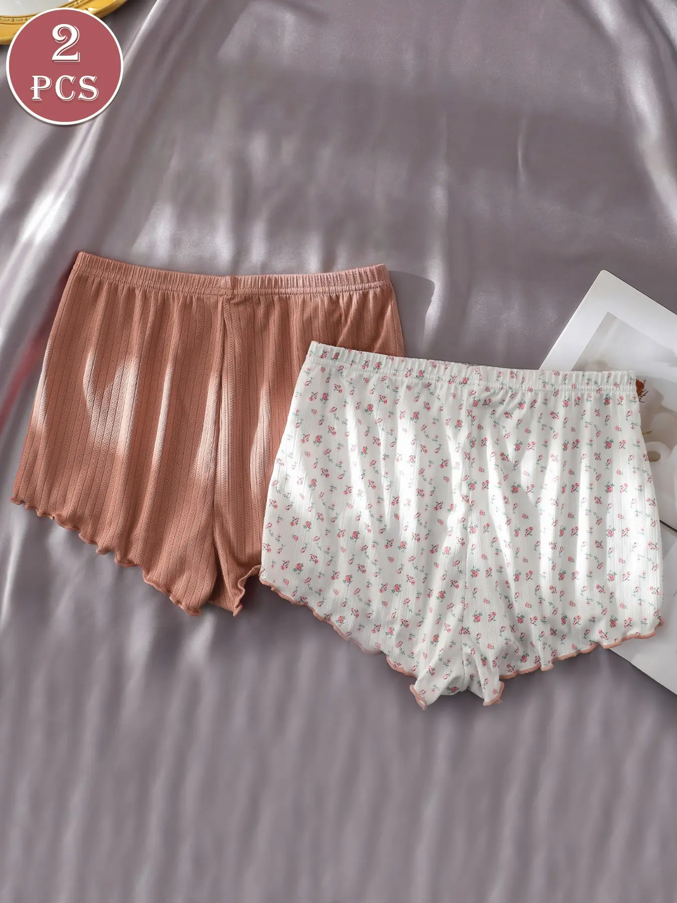 2-Pack Comfortable Women's Shorts, Anti-See-Through Home Sleep Pants, Loungewear, Bow Underwear, Casual Fitted Pyjama Bottoms, All Seasons, Floral