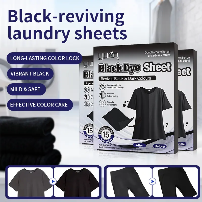 Black Dye Sheets for Clothes (15 Pack) - Household Items, Easy Laundry Color Restorer with Fiber Protection for Reviving Faded Black & Dark Colors