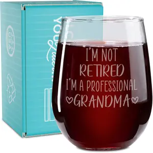Wine Gifts for Grandmothers - 17 Oz I’m Not Retired I’m A Professional Grandma Engraved Stemless Wine Glass - Funny Birthday, Mother's Day Gifts for Grandmoms, Gigi, Nana