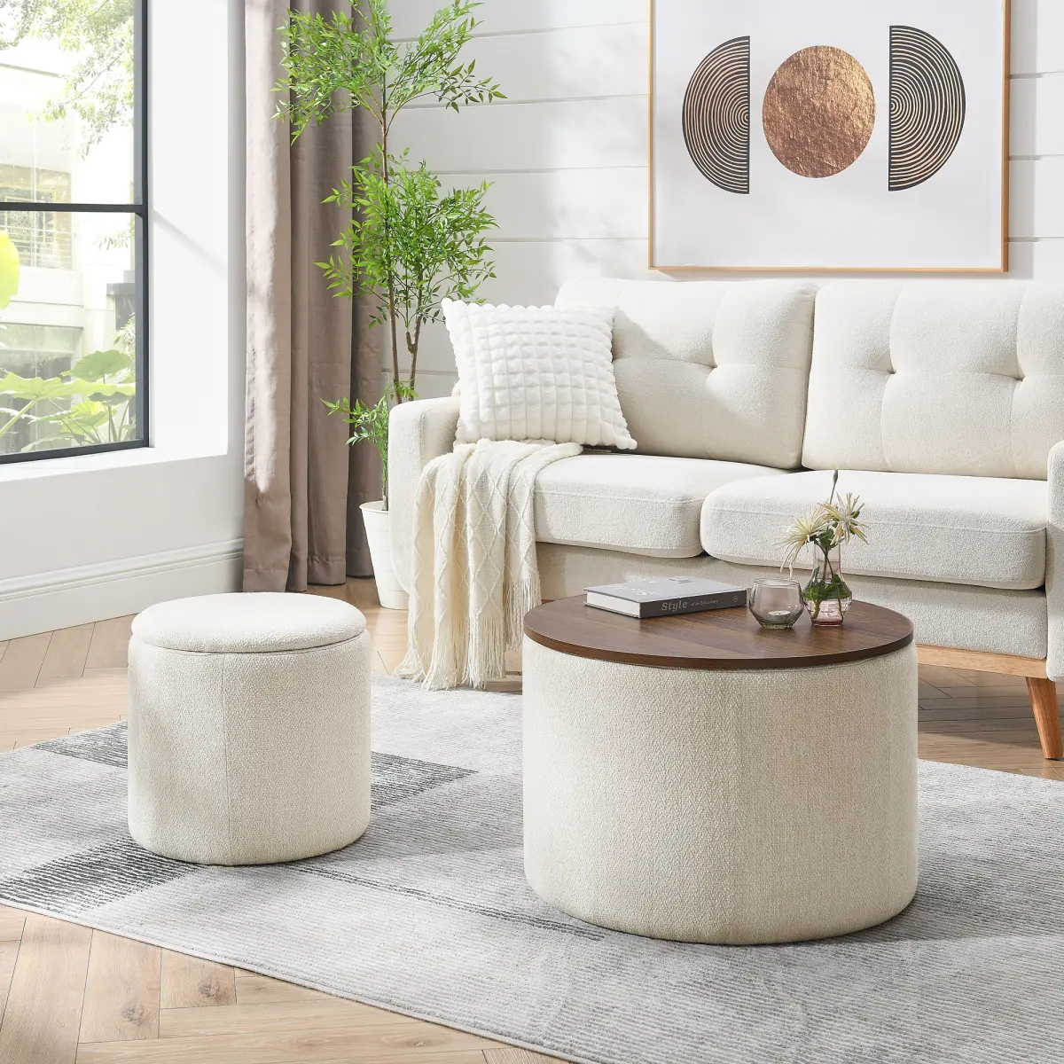 Beige Classic Armless 2-Size Nesting Storage Ottoman Set - 24" +16" Round Upholstered Chenille Footstool, Pre-Assembled Indoor Furniture with Removable Wood Tray for Living Room