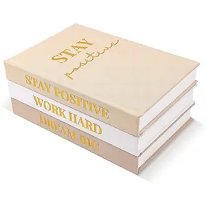 Set of 3 Linen Covered Decorative Books for Home Office Decor-Gold Foil Stamping Decor Books,Motivational Office Decor for Women Men Neutral Book Decor for Coffee Tables and Book Shelf