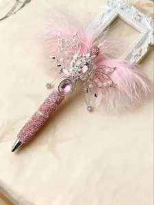 Bling Rhinestone Beaded Pen with Elegant Feather Wings Bead and Dual-Sided Glass Crystal Oval Metal Bead, Stylish Writing Accessory, Aesthetic Pens, Writing Stationery