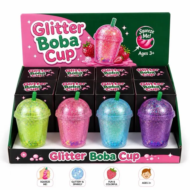 Glitter Boba Cup Squishy Toy | Tiny Fruit Filling | Sugar Texture | Soft Stress Relief
