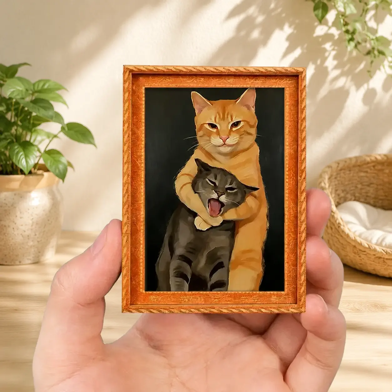 Orange Cat Holding Gray Cat Fridge Magnet, Vintage Funny Meme Wood Framed Refrigerator Magnet, Hilarious Cat Art Kitchen Decor