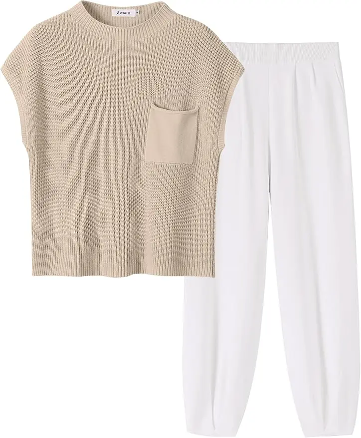 Ekouaer Women's 2 Piece Loungewear Set, Casual Plain Knit Sweatsuit with Mock Neck Crop Top and High Waist Jogger Pants, Two Piece Set Women