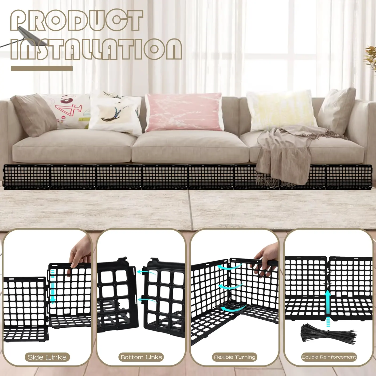 12 PCS Under Couch Blocker for Bed, Adjustable Furniture Plastic Under Bed Blocker with 30 Ties, Black Couch Barriers for Dogs Pets Cats