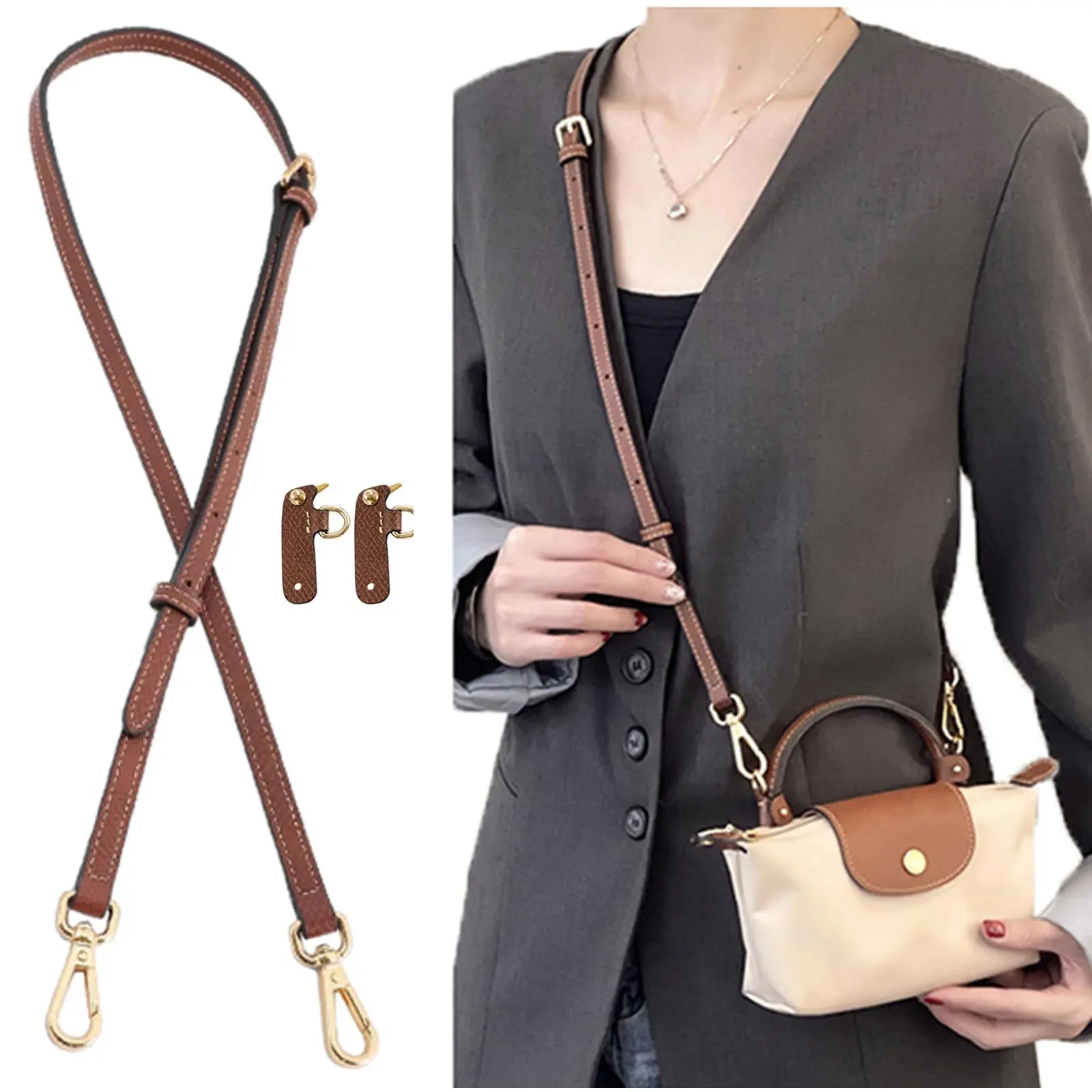 KIYOMIL leather bag strap & bag hanger replacements — crossbody/shoulder straps for Longchamp MINI handbag; bag accessories; adjustable crisscross strap; no-damage conversion kit accessories with gold buckles and hardware