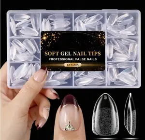 Short Almond Nail Tips, 216Pcs Soft Gel Acrylic Nail Tips, Pre-Etched Half Matte Clear False Nail Tips, Full Cover Fake Nails for Nail Extension Home DIY Nail Salon 12 Sizes
