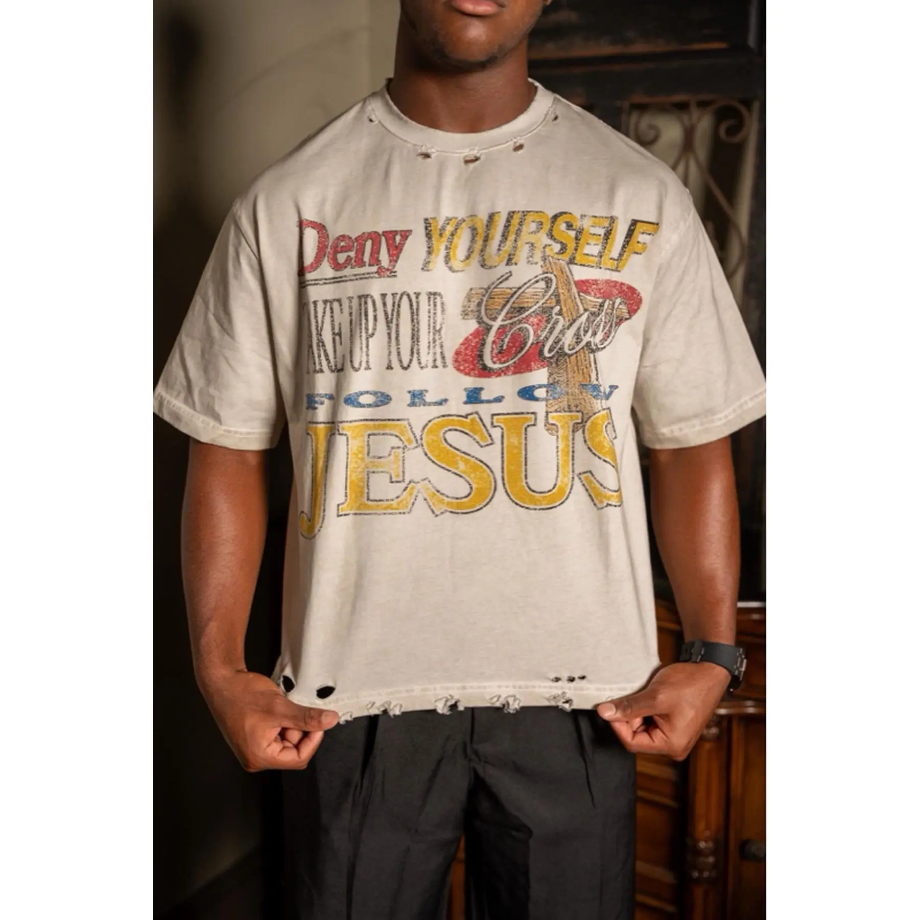 ‘Deny Yourself’ Distressed T-Shirt