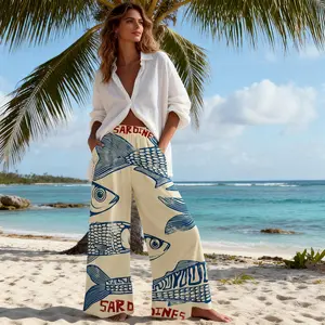 Women's Retro Nautical-Style Sardine Print Wide-Leg Pants with Contrasting Painted Loose and Comfortable, They Exude a Literary and Vacation Vibe, Easily Creating a Casual Summer Look beach vibe pants #Spring Bottom Girls pants