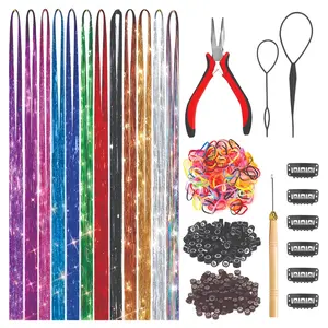 48 Inch Glitter Hair Tinsel Extensions Kit (12 Colors, 2400 Strands) With Tools - Heat Resistant Fairy Hair Accessories for Women, Girls, Kids