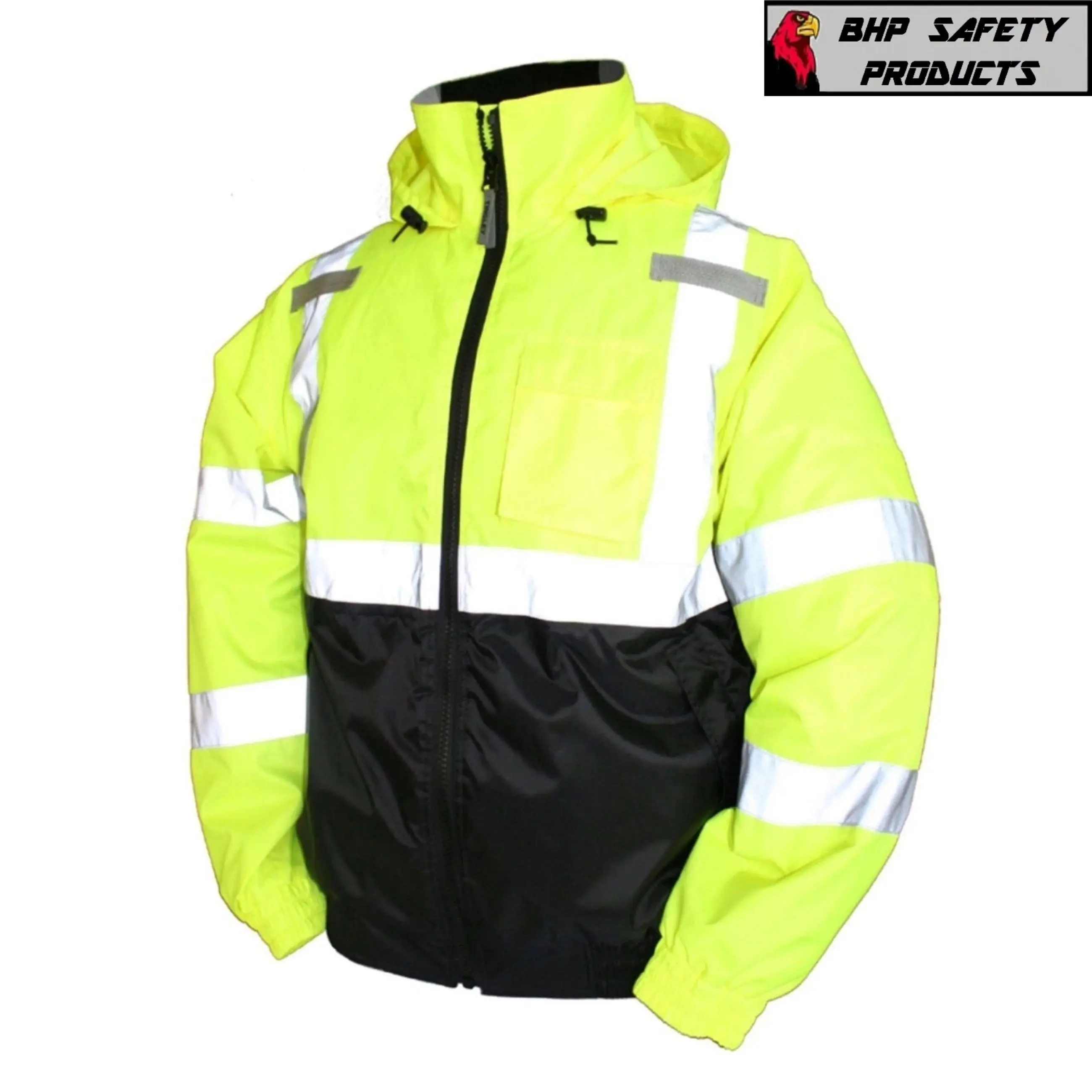 BHP Safety Products Reflective Bomber Jacket - High Visibility Yellow & Black with Reflective Strips for Safety