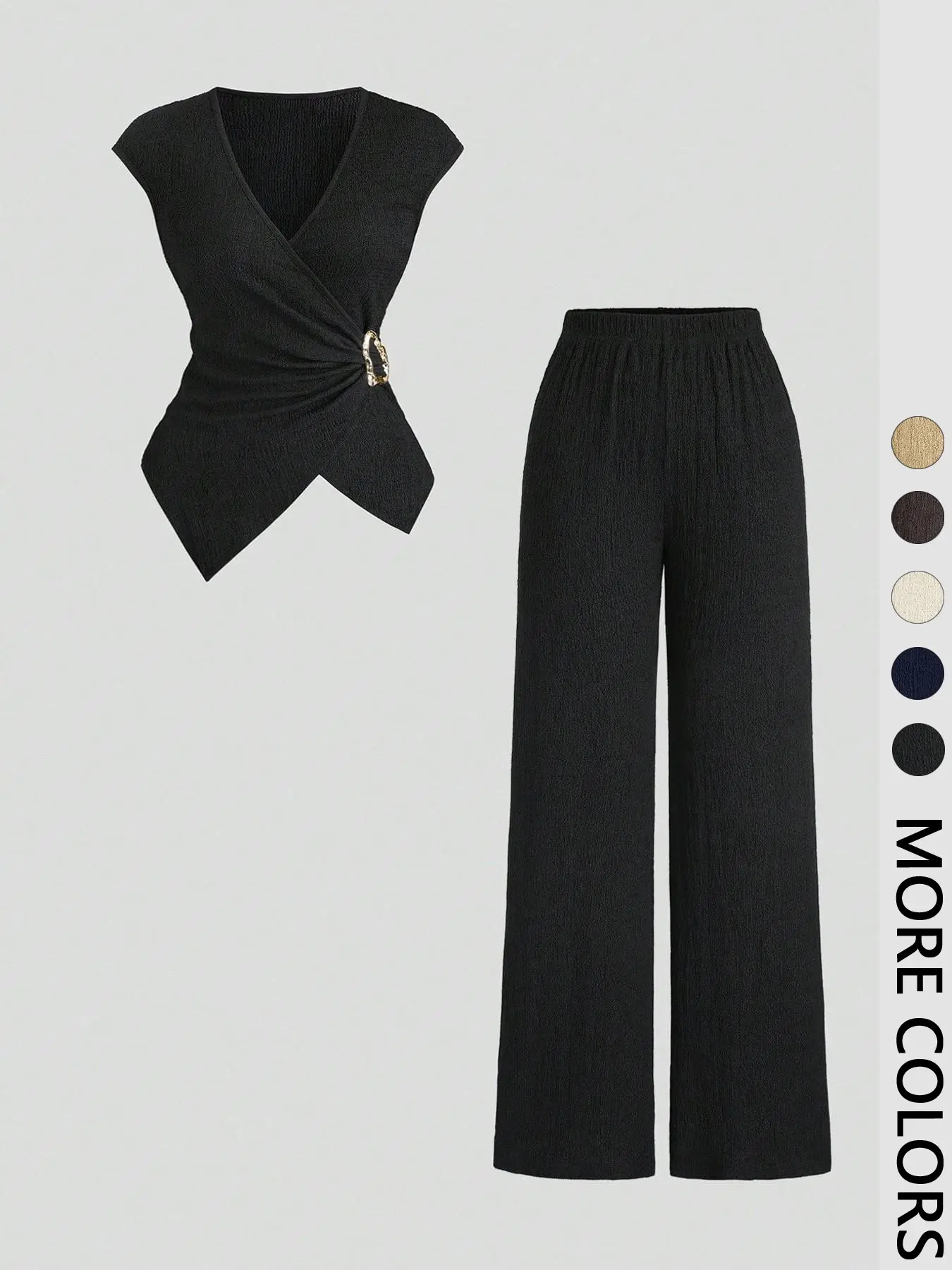 2 Piece Black Solid Textured Asymmetrical Co-ord Set, Elegant Wrap V-neck Slim Fit Crop Top & Wide Leg Pants