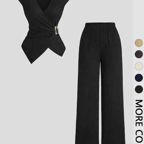 2 Piece Black Solid Textured Asymmetrical Co-ord Set Elegant Wrap V-neck Slim Fit Crop Top & Wide Leg Pants Knit Set