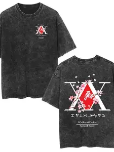 Anime Hunter Logo Vintage Washed Graphic T-Shirt, Sakura Print Men's Fashion Casual Top, Christmas Gift, Long Fitted Sleeveless Tee