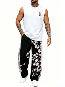 Men's 2 Piece, Sakura Print Sleeveless Tank Top & Drawstring Wide Leg Pants, Floral Cherry Blossom Tracksuit for Gym, Streetwear, Vacation