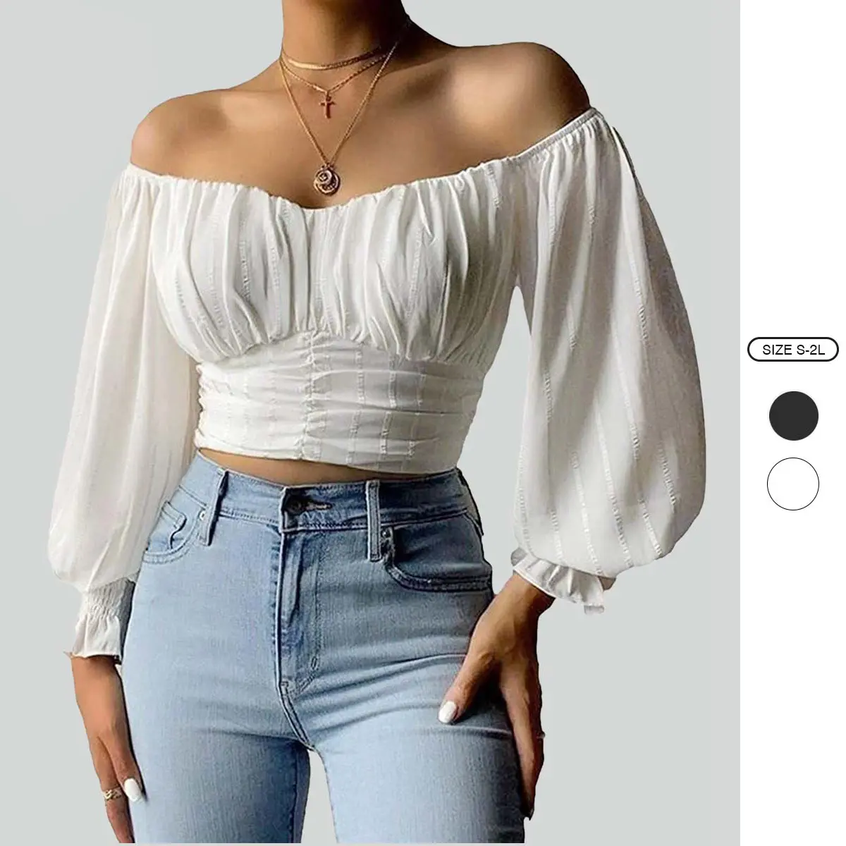 Imily Bela Womens Elegant Off The Shoulder Puff Sleeve Blouse Summer Chiffon Slim Fit Party Crop Top Imily Bela Womens Elegant Off The Shoulder Puff Sleeve Blouse Summer Chiffon Slim Fit Party Crop Top