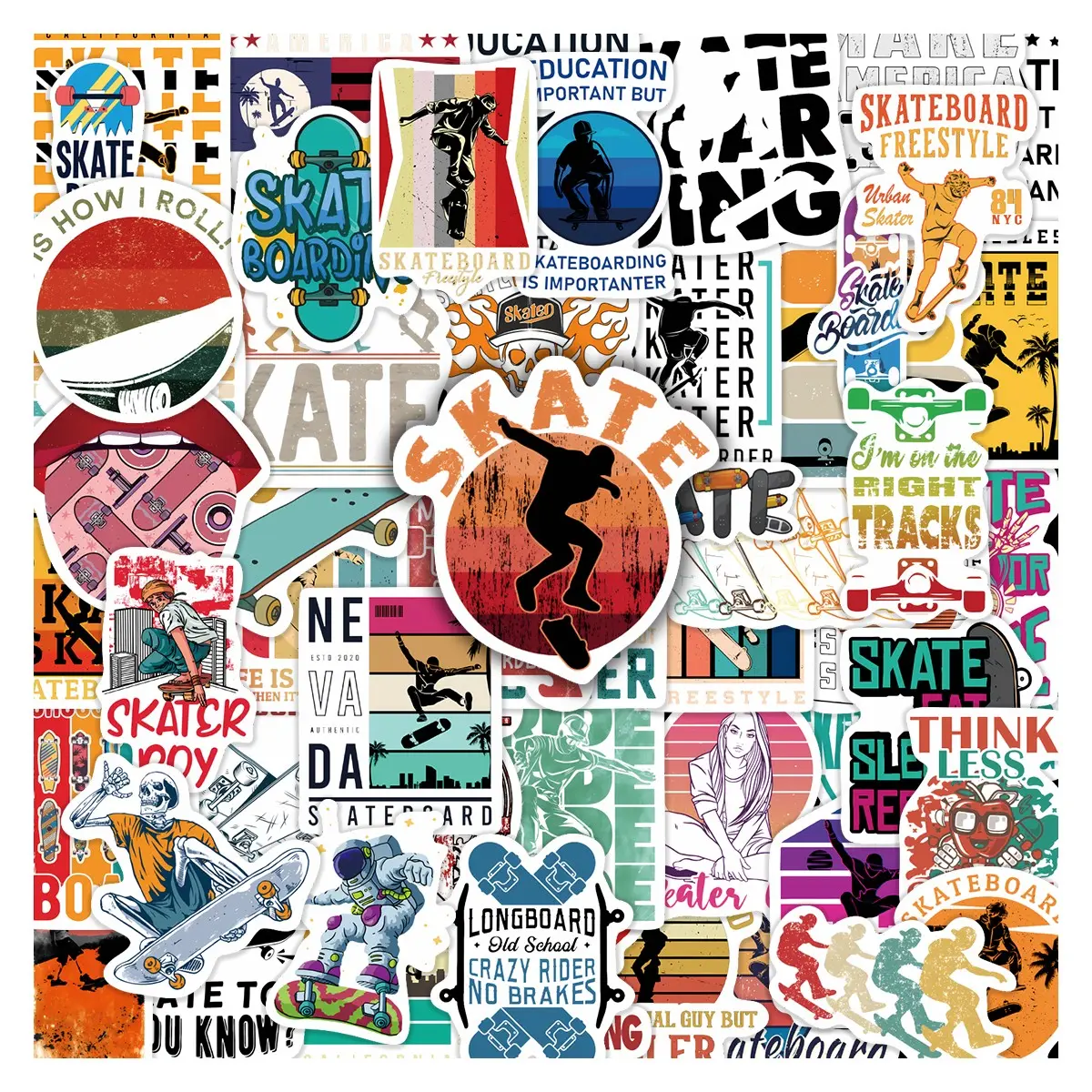 55pcs Skateboard Streetwear Stickers Pack, Self Adhesive Stickers, Waterproof Retro Skate Skater Silhouette & Board Decals for Laptop, Water Bottle, Journal & Scrapbook, Skateboard & Street Culture Lover Gift