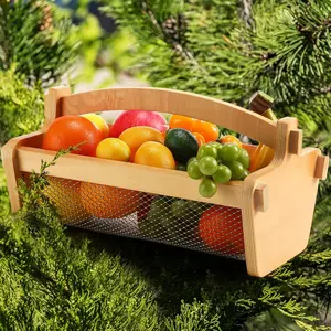 Teenyyou Garden Harvest Basket Mesh Storage with Handle Versatile Gardening Fruits Vegetables Gathering Basket Garden Supply Father's Day Gardener Gift for Farmer Washing Holding(Wood Color,13.4in)