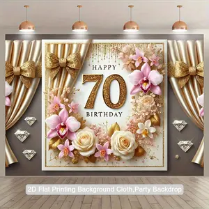 2D Flat, 1pc Elegant Golden & Pink Floral 70th Birthday Backdrop - Luxury Party Decoration Banner with Happy Birthday Text, Durable Polyester Fabric Photo Booth Background for Indoor/Outdoor Events, Anniversary, Wedding - No Electricity Needed,