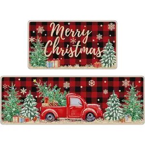 Christmas Kitchen Mat Set (2-Piece), Buffalo Check Christmas Kitchen Rug Home Decor, Farmhouse Style Red Truck Rug for Indoor Floors & Bathroom Decor, 17" x 47" + 16" x 29" Holiday Doormat
