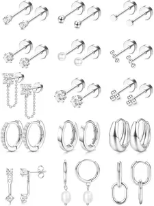 15 Pairs Flat Back Earrings for Women 316L Steel Gold/Silver Stud Earrings Hypoallergenic Cartilage Earrings Sleeper Huggie Hoop Earrings Tragus Piercing Jewellery