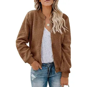 Women's Fall Fleece Bomber Jacket Trendy Sherpa Winter Coat Fuzzy Casual Long Sleeve Zip Up Loose Fit JacketsGift
