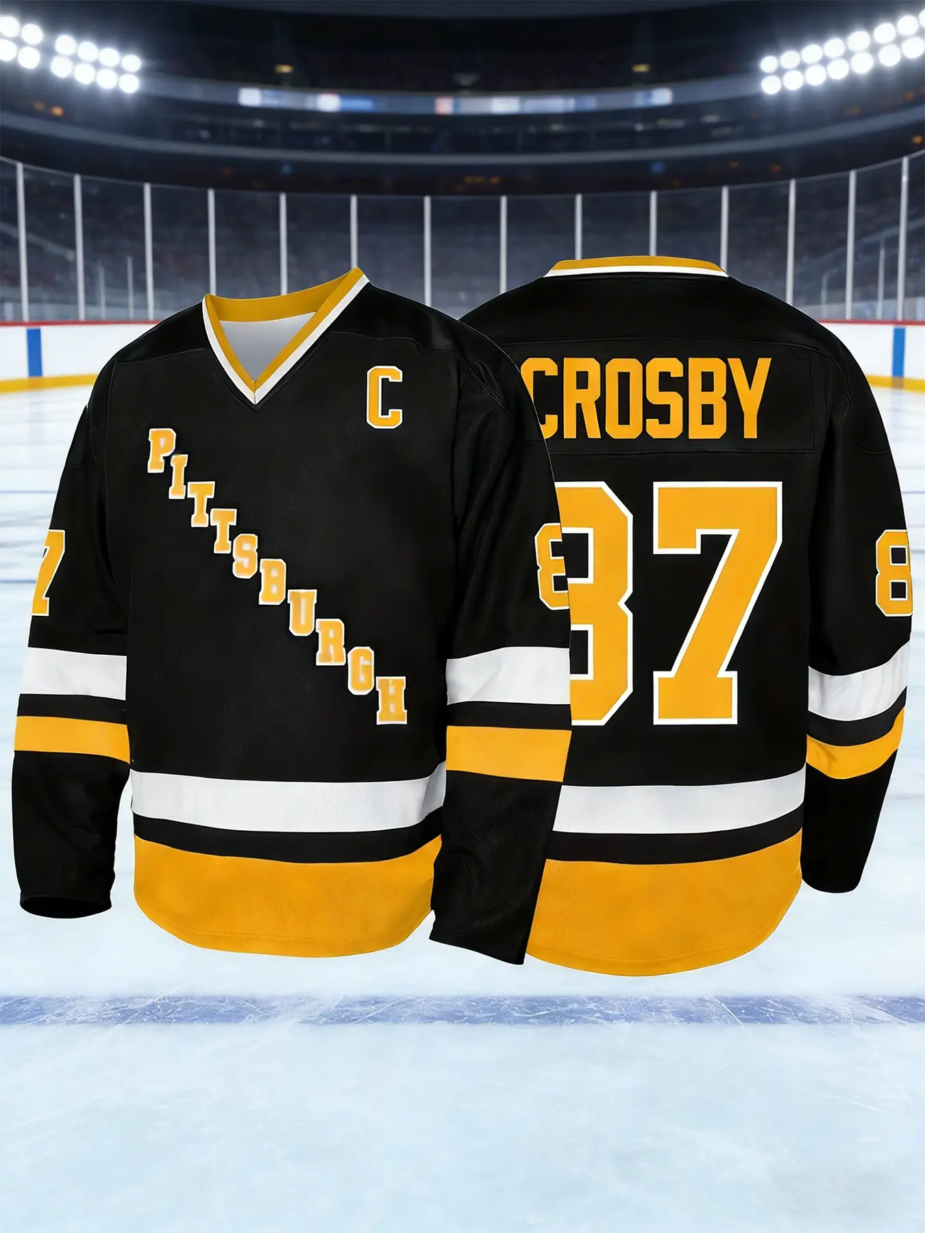 Captain's Edition! Pittsburgh No. 87 Crosby Retro Bold Text Ice Hockey Jersey, 87th Number Captain Logo Hockey Jersey. Black and Yellow Contrasting Color Trendy Sports Top, Home Jersey, Casual Sports Jersey