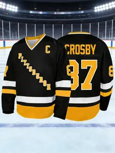 Captain's Edition! Pittsburgh No. 87 Crosby Retro Bold Text Hockey Jersey, 87th Number Captain Logo Hockey Jersey. Black and Yellow Contrasting Color Trendy Sports Top,