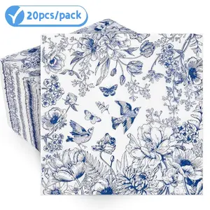 20 Sheets Blue Floral Napkins, Traditional Chinese Style Bird Flower Disposable Napkins, Wedding Birthday Party Table Decorations