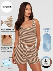 Katch Me Chic Women's Vibrant U-Neck Stripe Soft Stretch Tank Top & Shorts Co-ord, Summer Anti-Pilling Breathable Two Piece Sets, Casual Lightweight Daily Outfit