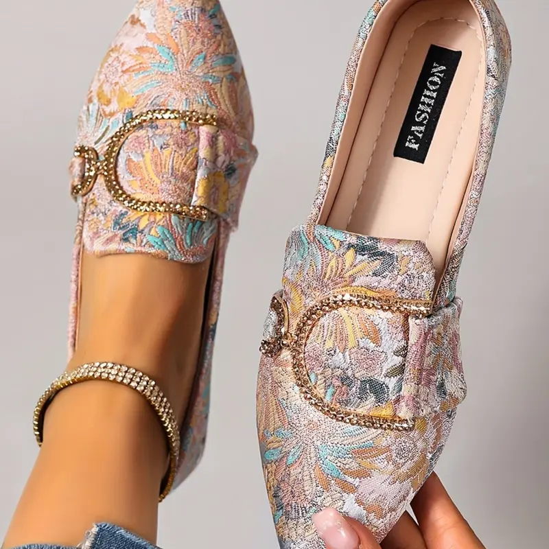 Women's Floral Embroidered Flat Shoes, Summer Flats, Casual Fashionable Flats, Rhinestone-Decorated Pointed-Toe Low-Heel Flats, Comfortable Non-Slip Durable, Casual All-Season Footwear