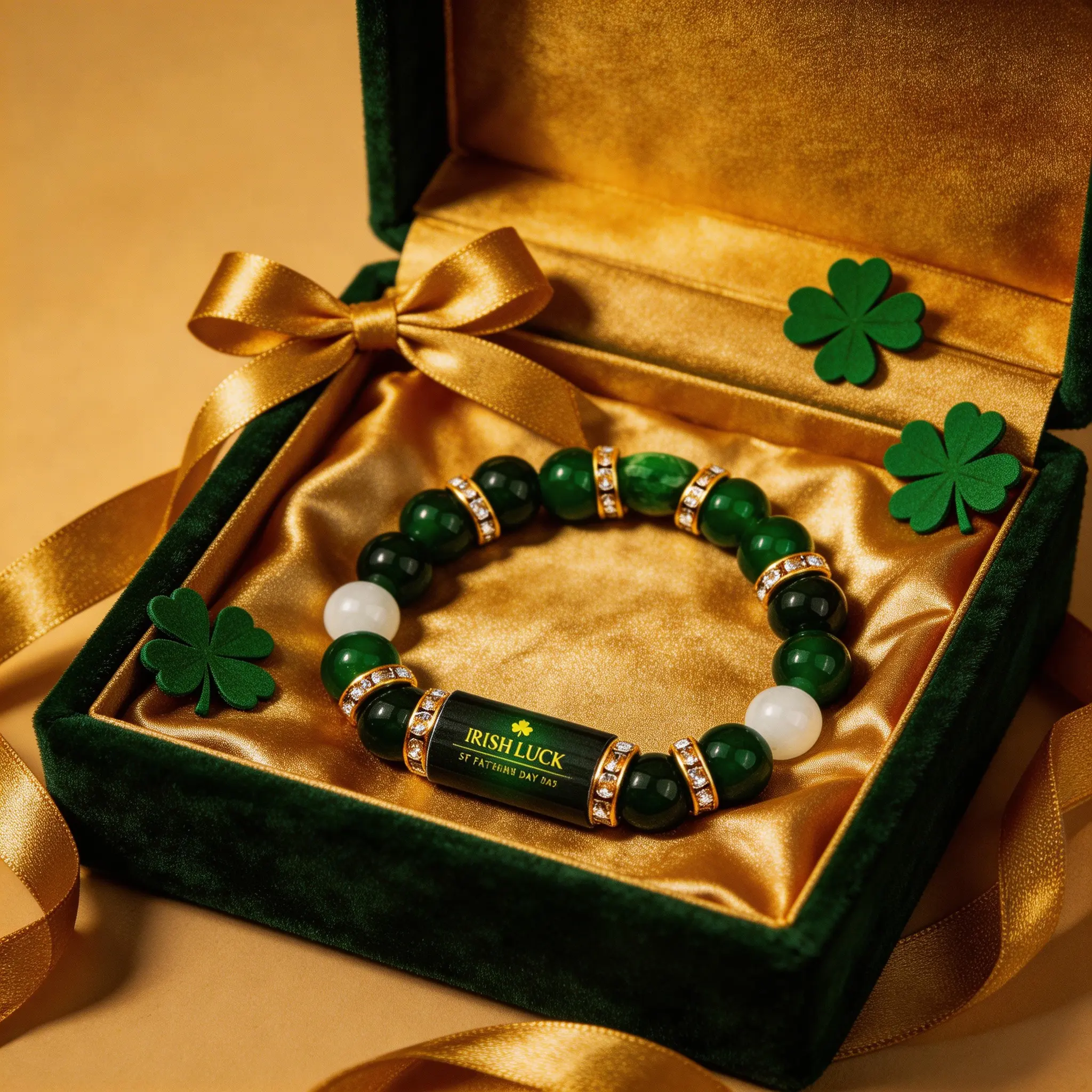 Irish Luck St. Patrick's Day Bracelet| Green Agate Lucky Clover Beaded  with Rhinestones| Luck  - Attract Wealth, Abundance and Perfect Good Luck Gift for 2026! money bracelet Adjustable Heart Rate Couples Set initial