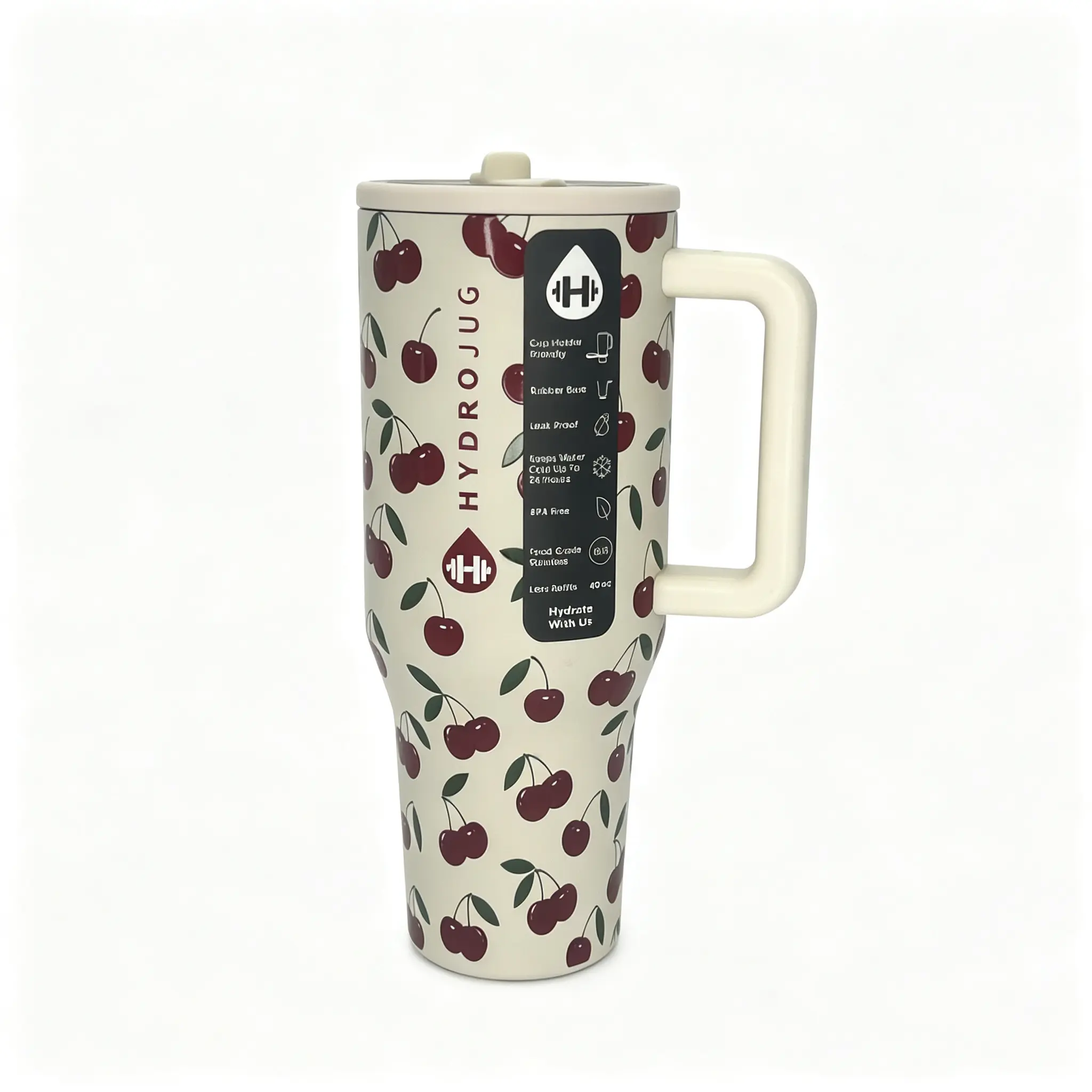 Stylish 40oz Insulated Cream Cherry Pattern Stainless Steel Flask - 1,000-2,000 ml HydroJug Travel Mug, Leakproof Flip Top, Large Ergonomic Handle, Portable Casual Drinkware for Car & Gym Adults, Girly Look