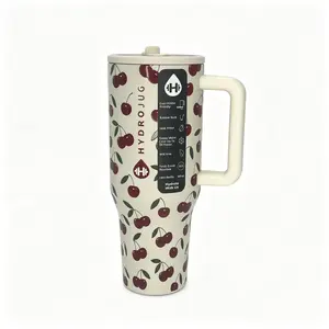 Trendy Cream Cherry Pattern HydroJug 40oz Insulated Mug With Large Ergonomic Handle, Leak Proof Flip Top Travel Tumbler, Cute Girly Water Cup for Car & Workout