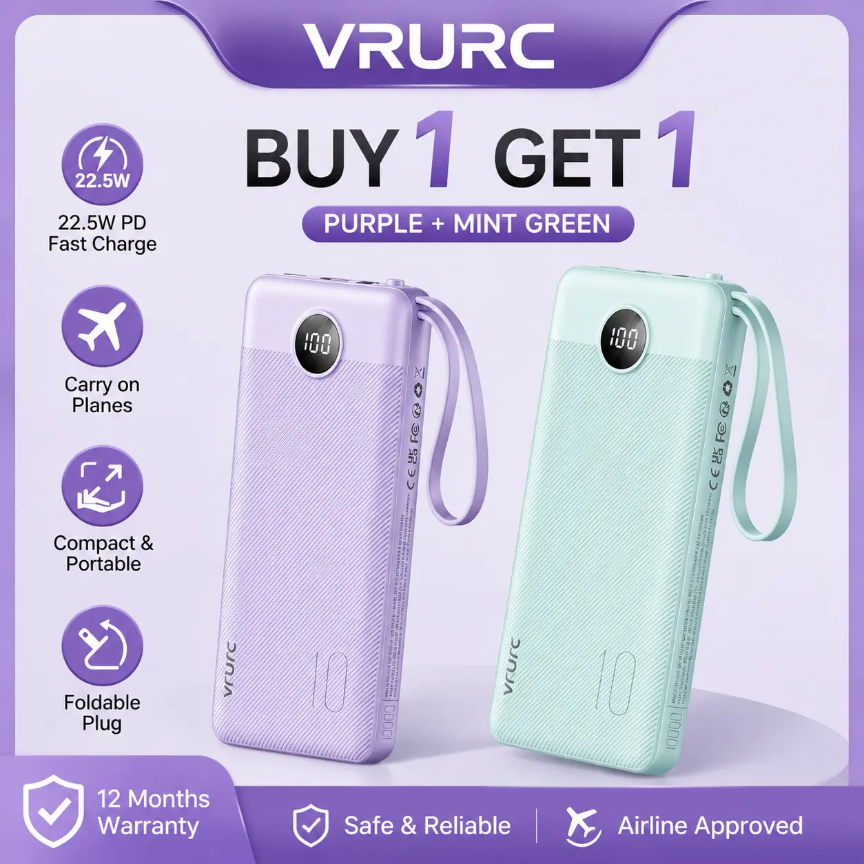 【BOGO】VRURC T1116 10000mAh 22.5W Charging Power Bank - 4-Built-in-Cables All-in-1 Portable Charger, LED Display, USB-C Rechargeable Travel Battery Pack for Android, iPad (Black & Pink)